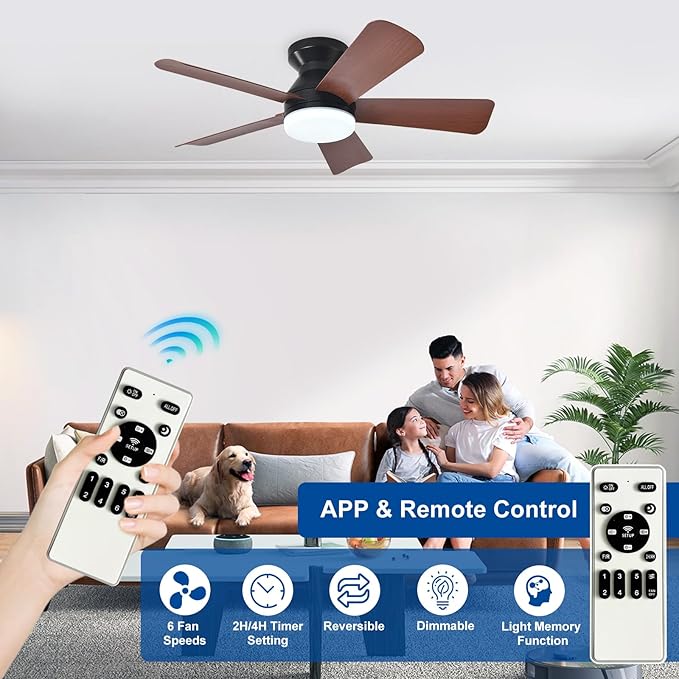 35-Inch Ceiling Fans with Lights: Walnut Low Profile Ceiling Fan with Light and Remote Control - Reversible Flush Mount Fans - 3CCT Dimmable Small Ceiling Fan for Bedroom Indoor/Outdoor Use