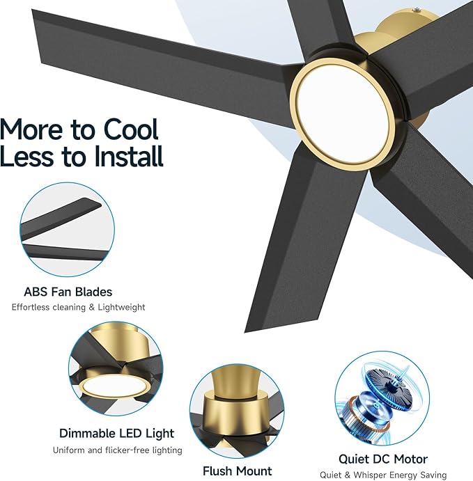 ocioc 52 inch Ceiling Fans with Lights, Large Air Volume Ceiling Fans with Reversible Quiet DC Motor and Remote 2 Pack（Black-Gold）