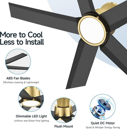 ocioc 52 inch Ceiling Fans with Lights, Large Air Volume Ceiling Fans with Reversible Quiet DC Motor and Remote 2 Pack（Black-Gold）