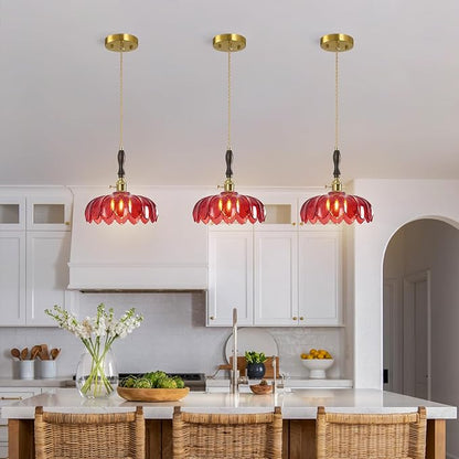 Modern Red Glass Pendant Light Retro Flower Glass Hanging Lamp Gold Brass Decorative Adjustable Ceiling Hanging Light Suitable for Kitchen Island Bedroom Dining Room Living Room