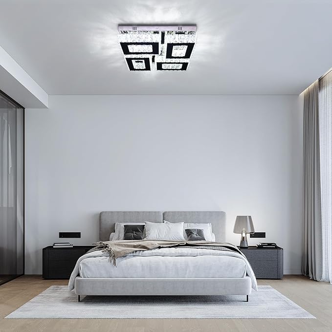 13.1'' Modern Square Crystal Chandeliers Flush Mount Square Crystal Ceiling Light Fixtures Stainless Steel LED Chandelier Light for Bedroom Dining Room Hallway Cool White