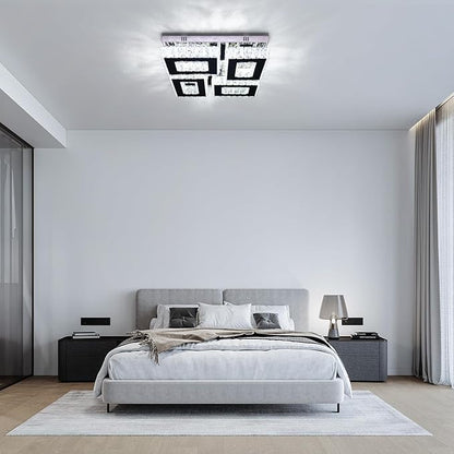 13.1'' Modern Square Crystal Chandeliers Flush Mount Square Crystal Ceiling Light Fixtures Stainless Steel LED Chandelier Light for Bedroom Dining Room Hallway Cool White