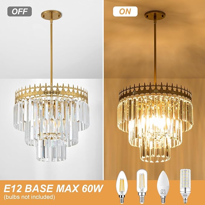 16'' Gold Crystal Chandelier,6-Light Modern Chandeliers for Dining Room,3-Tiers Round Metal Pendant Light Fixture for Kitchen Island Living Room Bedroom Entryway