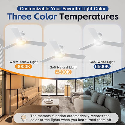 Ceiling Fans with Lights, 42 Inch Ceiling Fan with Light And Remote, 3CCT Flush Moun Low Profile Ceiling Fans, 6 Speed Noiseless LED Ceiling Fan, White Ceilings Fan with Remote for Bedroom Living Room