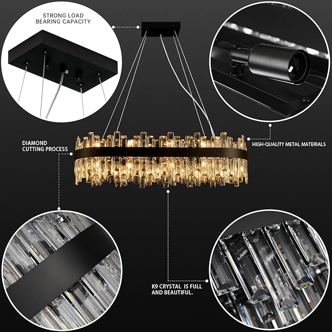 Weesalife Black Crystal Chandeliers for Dining Room, 20 Lights Modern Oval Chandelier for Lining Room, Rectangular Crystal Pendant Light Fixture for Kitchen Island Bar L36 Inch