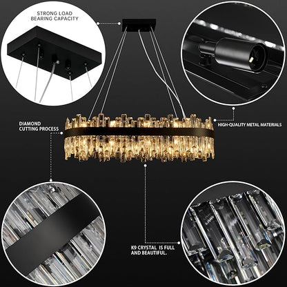 Weesalife Black Crystal Chandeliers for Dining Room, 20 Lights Modern Oval Chandelier for Lining Room, Rectangular Crystal Pendant Light Fixture for Kitchen Island Bar L36 Inch