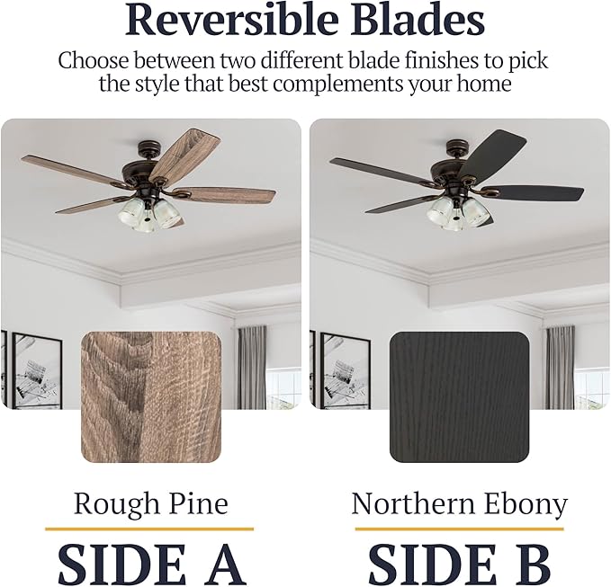 Prominence Home Marston, 52 Inch Traditional Indoor LED Ceiling Fan with Light, Pull Chain, Three Mounting Options, 5 Dual Finish Blades, Reversible Motor - 51017-01 (Oil Rubbed Bronze)
