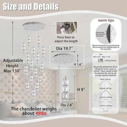 ykolupty H110 Chandelier for High Ceiling 16-Lights Crystal Pendant Light with Remote Large Chandelier for Living Room Staircase Villa