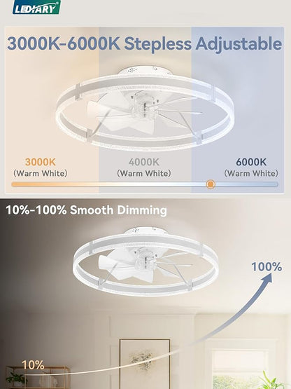 LEDIARY Ceiling Fans with Lights and Remote, 24'' Low Profile Ceiling Fan with Light, 3000-6000K Dimmable Fandelier Ceiling Fans, Modern Flush Mount Fan Light for Bedroom with 6 Wind Speeds- White
