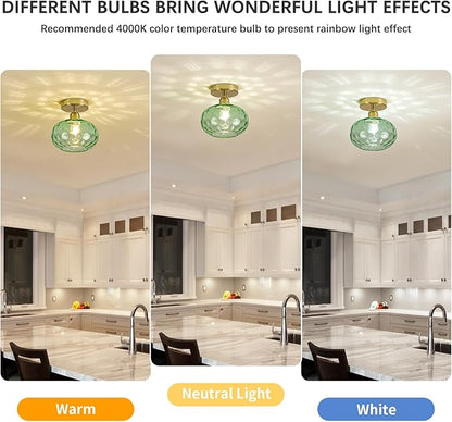 Luafac Green Glass Semi Flush Mount Ceiling Light - 7.9 Inch Hammered Art Deco Glass Small Hallway Light fixtures, Vintage Gold Flush Mount Ceiling Light for entryway Foyer Laundry Room Kitchen