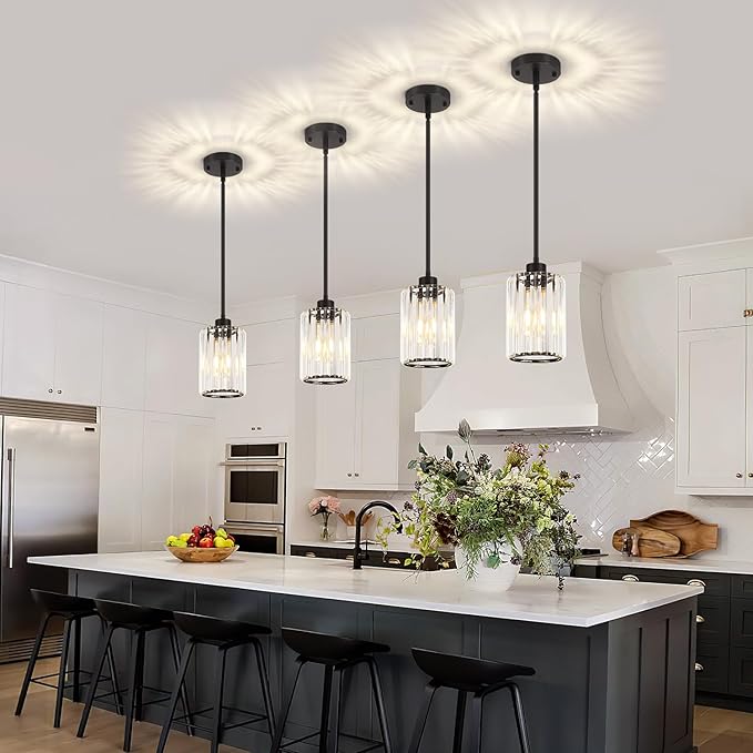 2 Pack Black Pendant Lights Kitchen Island, Modern Crystal Kitchen Pendant Lighting Over Island Dining Room Light Fixtures Adjustable Hanging Pendant Light for Bathroom Hallway Entryway Foyer Bedroom