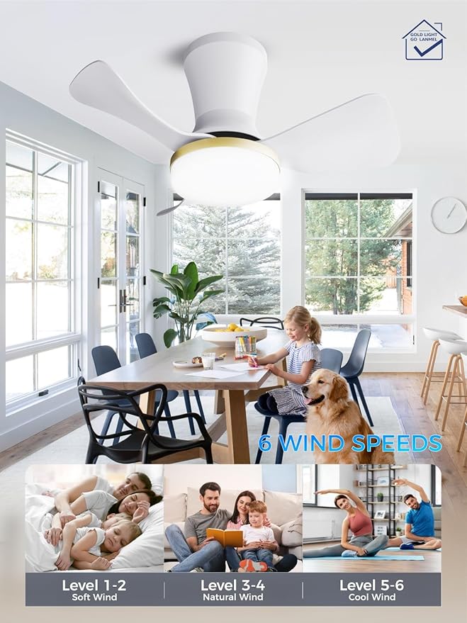 LANMEL 22 Inch Flush Mount Ceiling Fan with Light and Remote, Low Profile Modern Ceiling Fan, 6 Speed, Reversible, 3000k-6500k Dimmable LED, Quiet DC Motor for Indoor Outdoor, White Gold