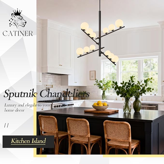 CATINER 12 Lights L36”Black Sputnik Chandeliers Mid Century Modern Chandelier for Dining Room Ceiling Pendant Lighting with Milk Glass Globe Shades for High Ceiling Foyer Living Room