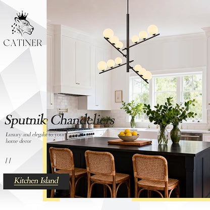 CATINER 12 Lights L36”Black Sputnik Chandeliers Mid Century Modern Chandelier for Dining Room Ceiling Pendant Lighting with Milk Glass Globe Shades for High Ceiling Foyer Living Room
