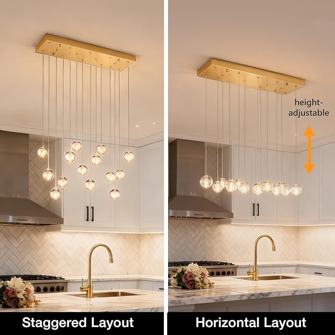 14 Lights Gold Raindrop Rectangle Chandelier, Modern Bubble Crystal Chandelier for Dining Room, Large Pendant Light for High Ceilings Staircase Foyer Entryway Living Room Kitchen Island