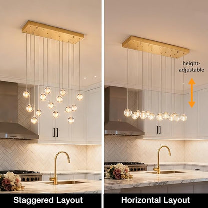 14 Lights Gold Raindrop Rectangle Chandelier, Modern Bubble Crystal Chandelier for Dining Room, Large Pendant Light for High Ceilings Staircase Foyer Entryway Living Room Kitchen Island