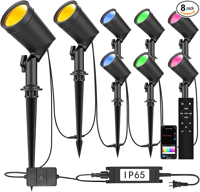 SUNTHIN 8 Pack 36W Smart Landscape Lights, RGBW Color Changing Landscape Lights with Remote, Work with Alexa and Google Home, IP65 Waterproof, for Garden, Yard, Lawn, Wall, Tree, Fence (4.5W/Light)