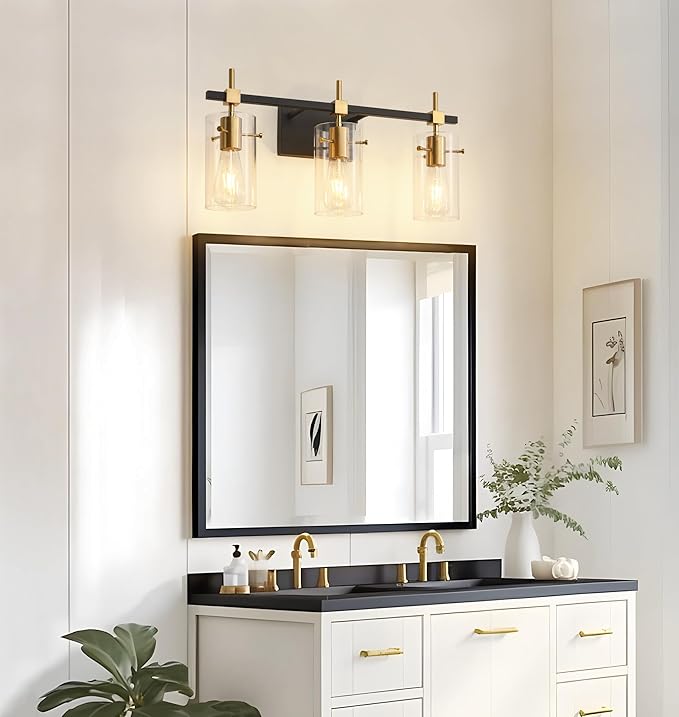 SOLFART Vintage Vanity Lights Bathroom Light Fixture Over Mirror for Bath Glass Shade Light Black and Brass Modern Style 3 Lights