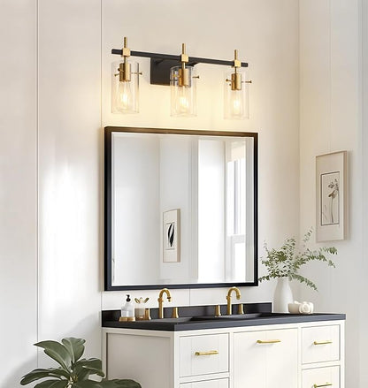 SOLFART Vintage Vanity Lights Bathroom Light Fixture Over Mirror for Bath Glass Shade Light Black and Brass Modern Style 3 Lights