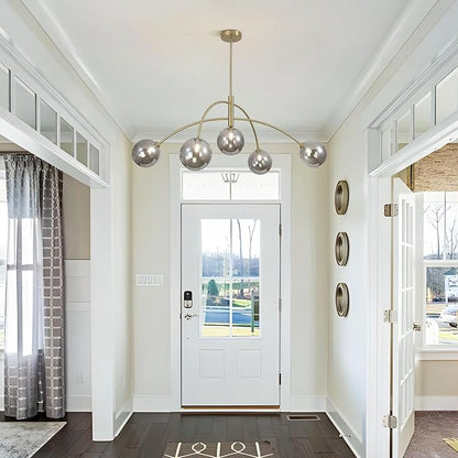Modern Gold Chandelier 5 Light Smoke Gray Semi Flush Mount Chandelier Vintage Industrial Ceiling Light Dining Room Chandelier for Kitchen Bedroom Hallway