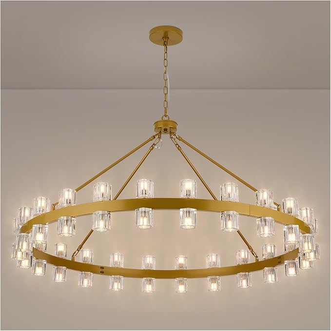 48 Inch Gold Crystal Wagon Wheel Chandelier, Modern Farmhouse Round 48-Lights Pendant Lighting Fixture, for High Ceilings Living Room, Bedroom, Foyer
