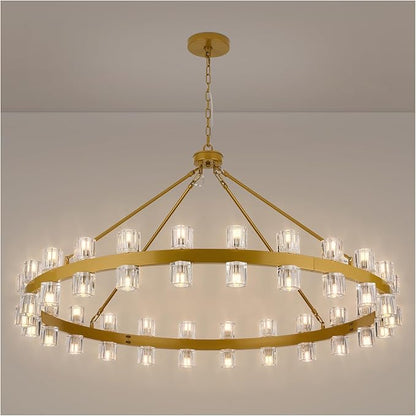 48 Inch Gold Crystal Wagon Wheel Chandelier, Modern Farmhouse Round 48-Lights Pendant Lighting Fixture, for High Ceilings Living Room, Bedroom, Foyer