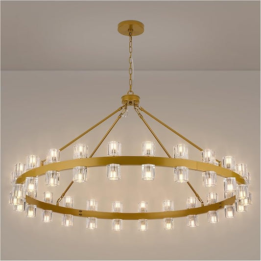 48 Inch Gold Crystal Wagon Wheel Chandelier, Modern Farmhouse Round 48-Lights Pendant Lighting Fixture, for High Ceilings Living Room, Bedroom, Foyer