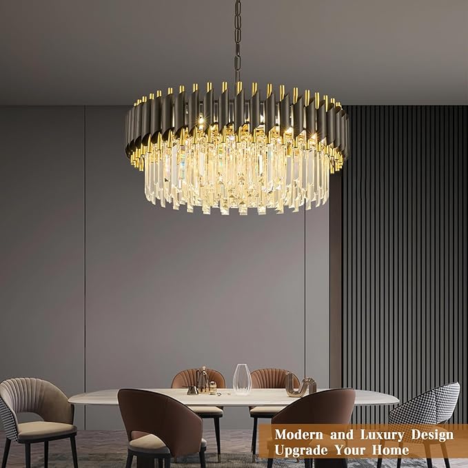 Black and Gold Crystal Chandelier Contemporary 24" with 5-Tier Modern Living Room Chandeliers K9 Crystal Ceiling Lights Fixtures for Dining Room Living Room Bedroom Foyer