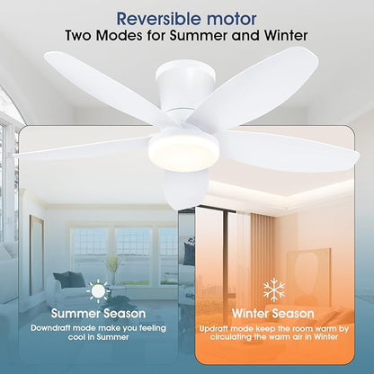 Surtime Ceiling Fans with Lights-36 Low Profile Ceiling Fan with Light and Remote/APP Control,Flush Mount,DC Reversible,LED Dimmable Modern Ceiling Fans for Bedroom,Indoor/Outdoor Patio Use(White)