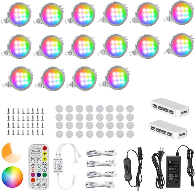 AIBOO Under Cabinet Lighting Kit, 16 Pack Dimmable RGB and CCT LED Puck Lights with Timer Function, Wireless Remote Control, Linkable Design, Ideal for Kitchen, Living Room, and Display Shelves