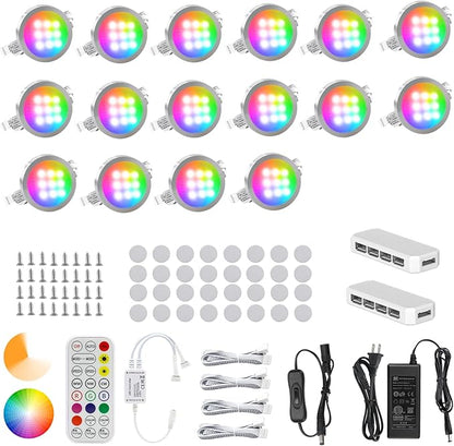 AIBOO Under Cabinet Lighting Kit, 16 Pack Dimmable RGB and CCT LED Puck Lights with Timer Function, Wireless Remote Control, Linkable Design, Ideal for Kitchen, Living Room, and Display Shelves