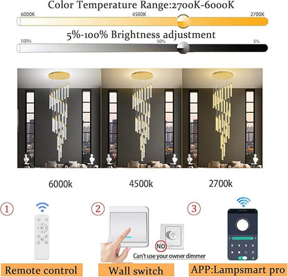 177'' Long Crystal Column Chandelier Gold 30-Lights Extra Large High Ceiling Chandelier Dimmable Pendant Lighting Staircase Foyer Entryway Light Source is Replaceable