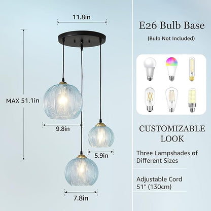 3-Light Blue Cluster Glass Pendant Light, Hanging Chandelier with Globe Shade, Glass Ball Pendant Light Fixtures for Kitchen Island, Dining Room, Living Room, Bedroom