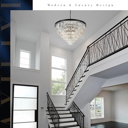 A AXILIXI 35'' Large Crystal Chandeliers 6-Tier Modern Black K9 Crystal Ceiling Pendant Light 22-Light Luxury Round Crystal Chandelier for High Ceiling Entryway Staircase Living Room Foyer