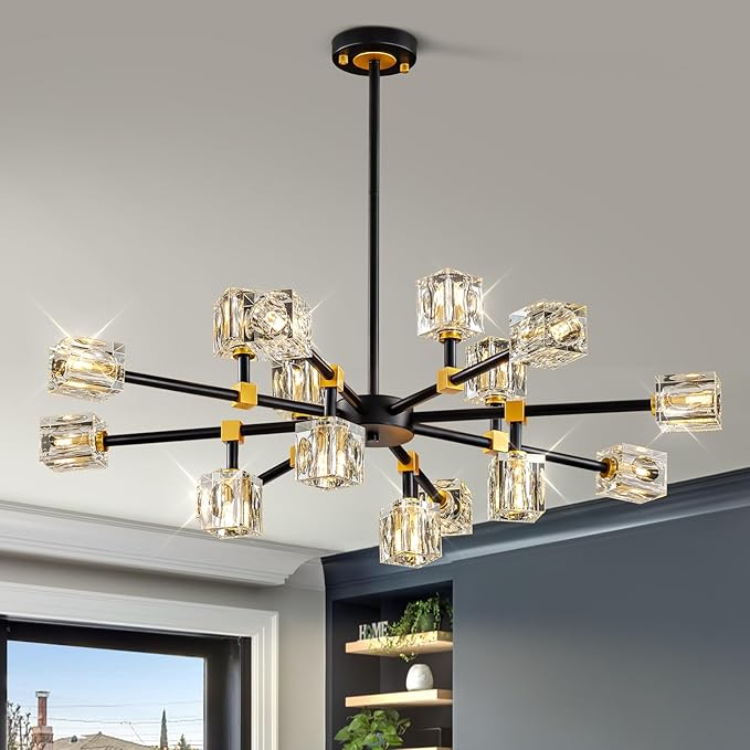 Modern Chandeliers for Dining Room, Black and Gold Crystal Ceiling Light Fixture for Living Room,16 Lights Large Sputnik Chandelier for High Ceilings Entryway,Kitchen Island,Foyer,Bedroom