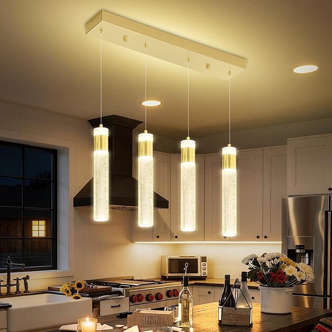 4-Light Gold Pendant Lights Kitchen Island Modern LED Gold Crystal Column Chandeliers Dimmable Crystal Ceiling Light for Dinning Room Living Room 32W
