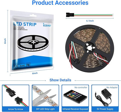 16.4FT WS2812B 5V LED Strip Lights 300 Individual Addressable RGB IC 5050SMD LEDs - Flexible White PCB IP30-60LEDs/m MagicRGB Dream Color for DIY Chasing Color Project (No Power Supply & Controller)