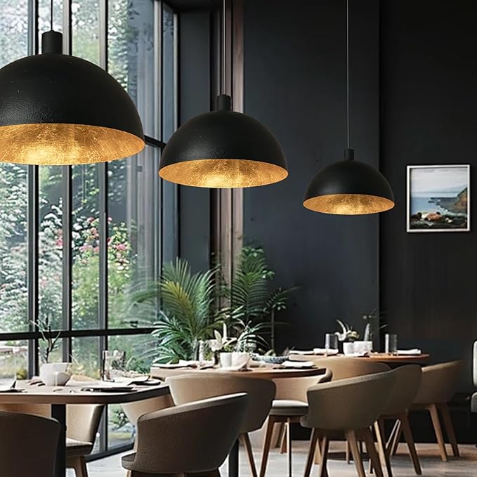 15 Inch Black and Gold Leaf Pendant Light, Grainy Matte Black Dome Chandelier with Hand-Applied Gold Leaf Interior, E26 Socket for Kitchen Island, Dining Room, or Bar
