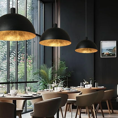 Black and Gold Dome Pendant Light, 20 Inch Large Dome Chandelier Industrial Fixture with Gold Leaf Interior for Dining Room, Kitchen Island, Bar or loft.