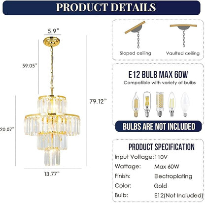 Gold Crystal Chandelier, 7-Light 4 Tiers 13.77" Crystal Light, Adjustable Hanging Metal Ceiling Lighting Fixture, Modern Foyer Dining Room Chandeliers for Bedroom,Hallway,Kitchen