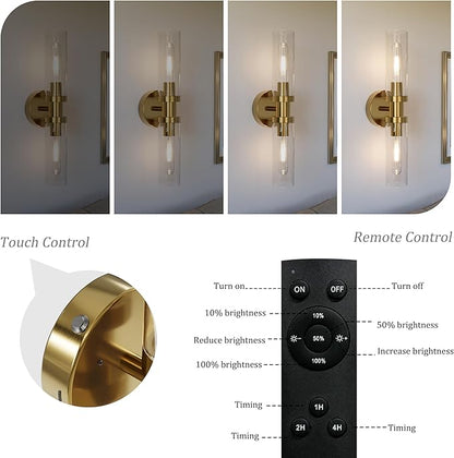 Rayogale Battery Operated Wall Sconces Set of 2, Rechargeable Wireless Wall Lights Remote Control, 10000mAh Not Hardwired Timer Dimmable Wall Lamps for Living Room Bedroom Entryway Gold 16.5 Inch