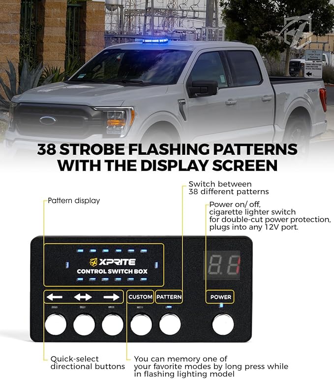 Xprite Blue Rooftop Emergency Strobe Light Bar, US Flag Beacon Safety Flashing Police Lights w/Control Panel Magnetic Base for Police Law Enforcement POV Vehicles Trucks