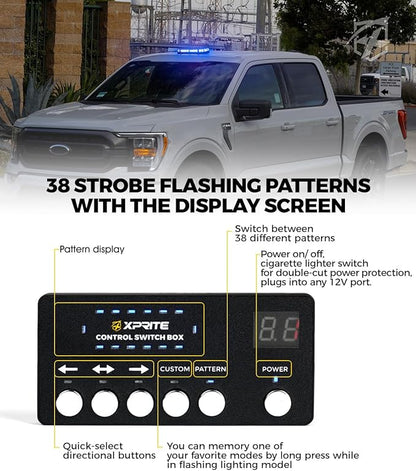 Xprite Blue Rooftop Emergency Strobe Light Bar, US Flag Beacon Safety Flashing Police Lights w/Control Panel Magnetic Base for Police Law Enforcement POV Vehicles Trucks