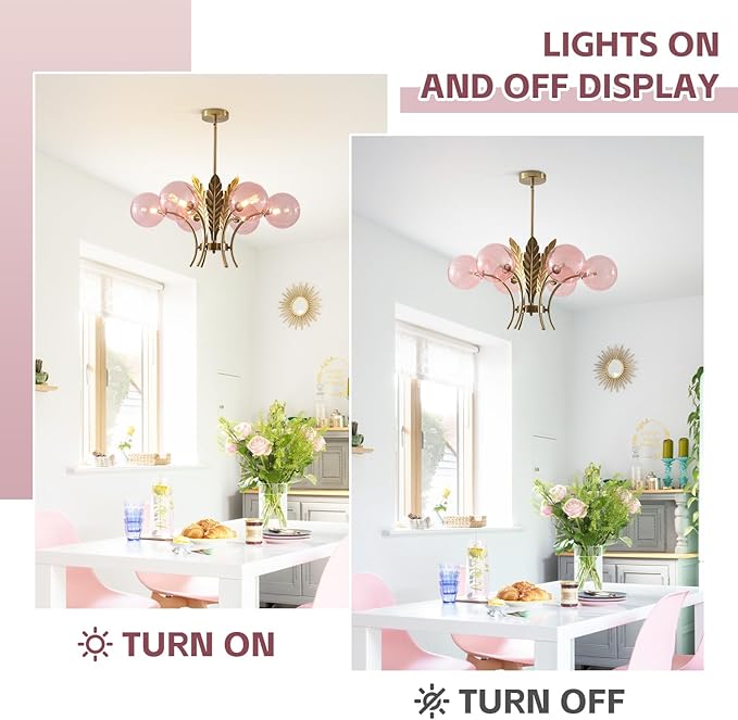 BOKT Modern Sputnik Chandeliers 6-Lights Island Pendant Lighting Fixture Mid Century Ball Chandelier with Pink Globe Lampshade Gold Sphere Ceiling Light for Dining Room Living Room Girls Room