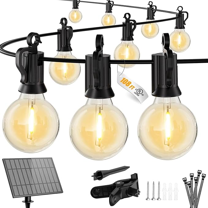 Brightown 108FT 52LED Solar String Lights Outdoor with USB Port, Shatterproof Bulbs, 3 Lighting Modes, Patio Lights Solar Powered for Camping Backyard Garden Decor - Last for 20+Hrs