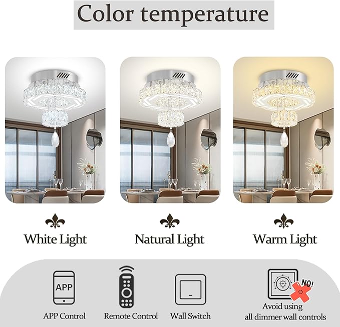 Flashing God 12" Modern Crystal Chandeliers Silver Flush Mount Ceiling Chandelier Mini Chandelier for Hallway LED Dimmable Crystal Pendant Light for Dining Room Living Room Bedroom