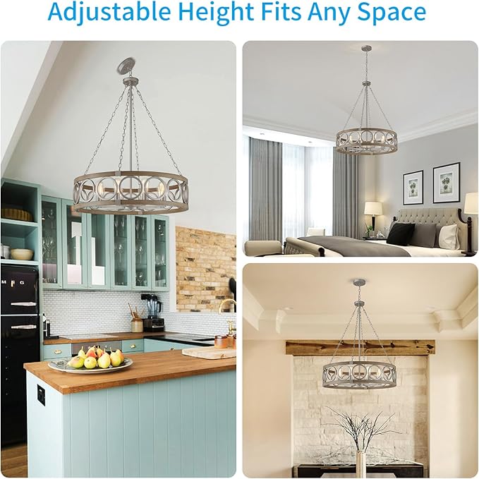 XINGQI 8-Light Modern Chandelier Large Round Drum Chandeliers for Dining Room 32.3" Rustic Pendant Brushed Nickel Light Fixture Over Table Farmhouse Metal Wood Grain Finish