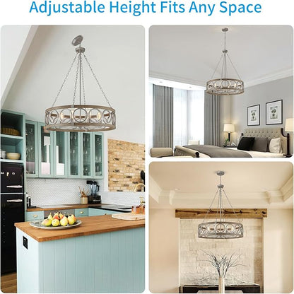 XINGQI 8-Light Modern Chandelier Large Round Drum Chandeliers for Dining Room 32.3" Rustic Pendant Brushed Nickel Light Fixture Over Table Farmhouse Metal Wood Grain Finish
