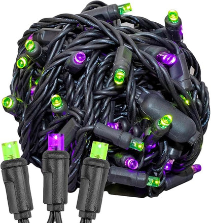 Novelty Lights 25ft Christmas String Lights, 50 Purple/Lime LED Bulbs on Black Wire, 6" Spacing, Connectable Indoor Outdoor Commercial Grade Lighting for Holidays Patio Weddings