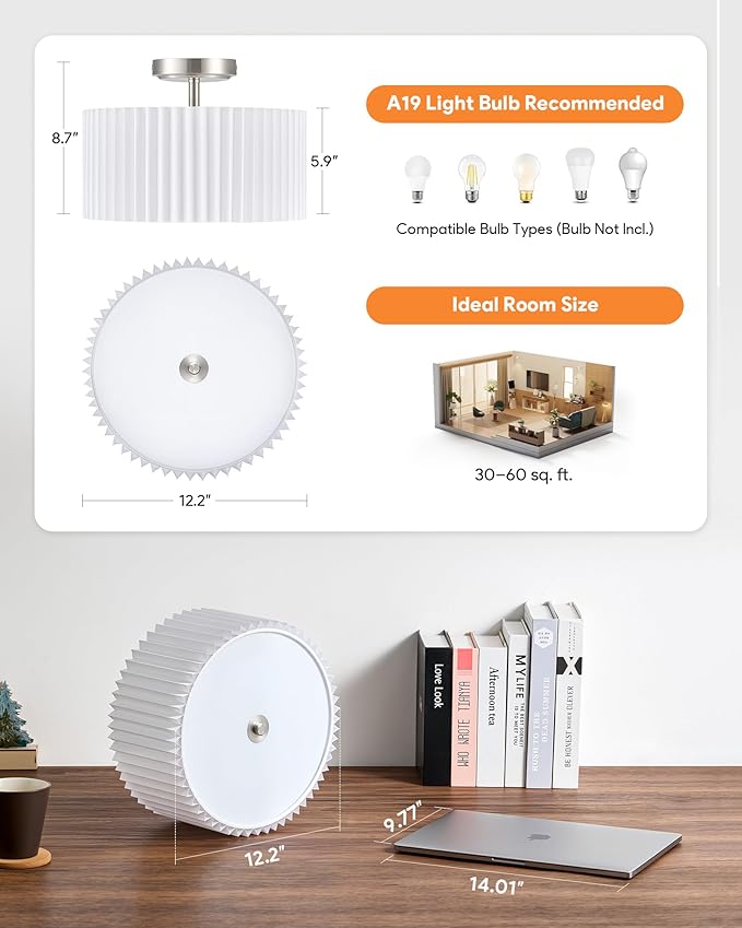 VONLUCE Semi-Flush Mount Ceiling Light, 12.2" Modern 2-Light Ceiling Light Fixture with White Pleated Drum Shade 2 E26 Sockets for Bedroom Entryway Living Room, Nickel Finish, ETL Certificated